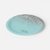 Silver Blauwgroen Aqua Blue Girly Glitter Monogram Papieren Bordje (Gekanteld)