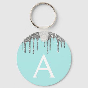 Silver Blauwgroen Aqua Blue Glitter Monogram Sleutelhanger