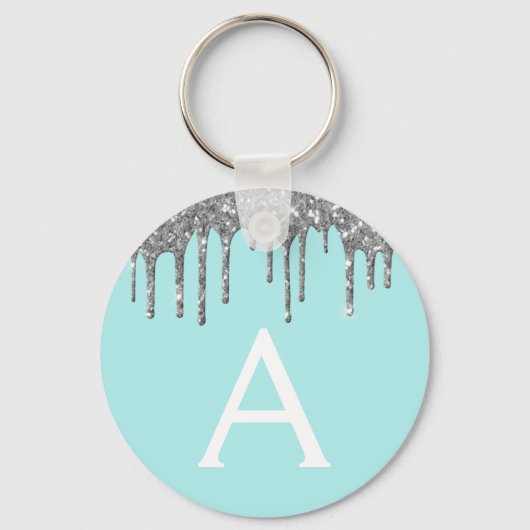 Silver Blauwgroen Aqua Blue Glitter Monogram Sleutelhanger (Voorkant)