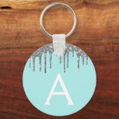 Silver Blauwgroen Aqua Blue Glitter Monogram Sleutelhanger (Voorkant)
