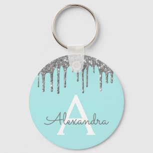 Silver Blauwgroen Aqua Blue Glitter Monogram Sleutelhanger