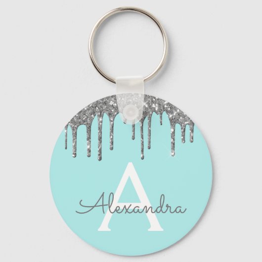 Silver Blauwgroen Aqua Blue Glitter Monogram Sleutelhanger (Voorkant)