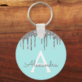 Silver Blauwgroen Aqua Blue Glitter Monogram Sleutelhanger (Voorkant)