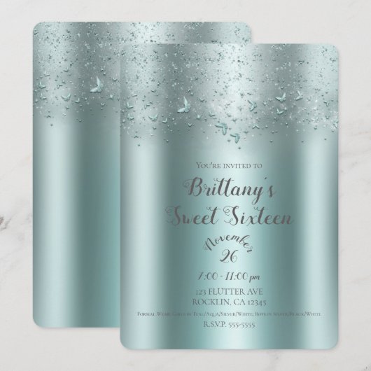 Silver Blauwgroen Aqua Flutter Butterfly Sweet 16  Kaart (Voorkant / Achterkant)