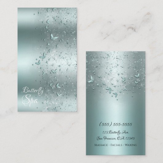 Silver Blauwgroen Aqua Sparkle Flutter Butterfly Visitekaartje (Voorkant / Achterkant)