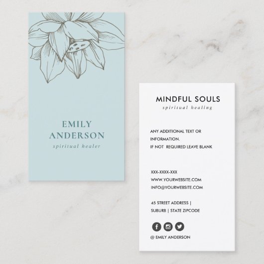 SILVER BLAUWGROEN BLUE LOTUS SIMPLE REIKI SPIRITUE VISITEKAARTJE (Voorkant / Achterkant)