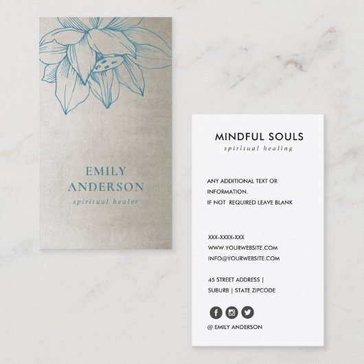 SILVER BLAUWGROEN BLUE LOTUS SIMPLE REIKI SPIRITUE VISITEKAARTJE (Voorkant / Achterkant)