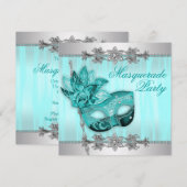 Silver Blauwgroen Blue Masquerade Party Invitation Kaart (Voorkant / Achterkant)