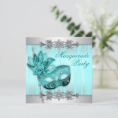 Silver Blauwgroen Blue Masquerade Party Invitation Kaart (Staand voorkant)