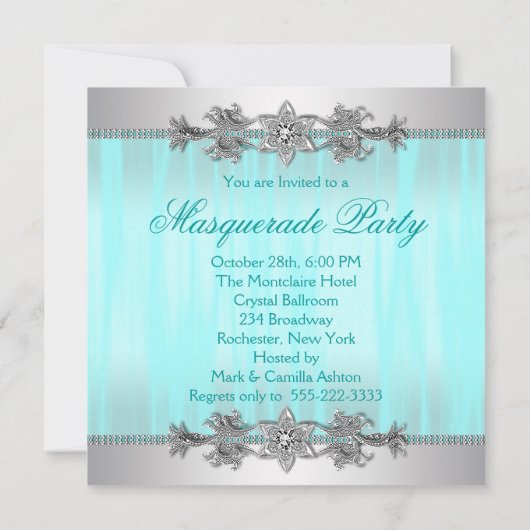 Silver Blauwgroen Blue Masquerade Party Invitation Kaart (Achterkant)
