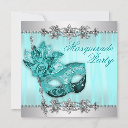 Silver Blauwgroen Blue Masquerade Party Invitation Kaart (Voorkant)