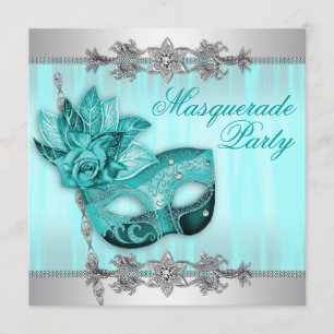 Silver Blauwgroen Blue Masquerade Party Invitation Kaart