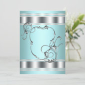 Silver Blauwgroen Blue Party Invitation Sjabloon Kaart (Staand voorkant)