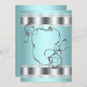 Silver Blauwgroen Blue Party Invitation Sjabloon Kaart (Voorkant / Achterkant)