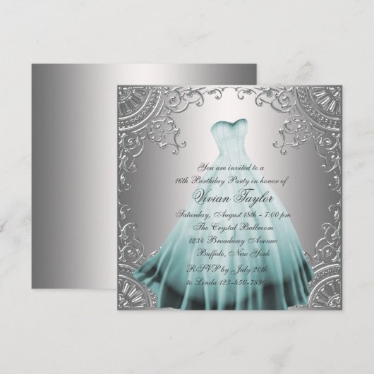 Silver Blauwgroen Blue Sweet Sixteen Verjaardagsfe Kaart (Voorkant / Achterkant)