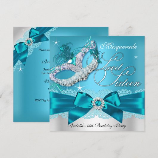 Silver Blauwgroen Bow Masquerade Sweet Sixteen Inv Kaart (Voorkant / Achterkant)