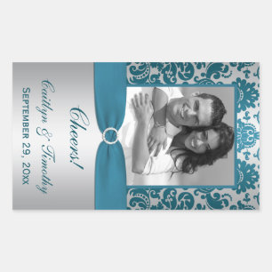 Silver.Blauwgroen Damask Photo Wijnlabel Sticker