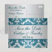 Silver, Blauwgroen Damask Sla de Date Kaart op (Voorkant / Achterkant)