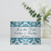Silver, Blauwgroen Damask Sla de Date Kaart op (Staand voorkant)