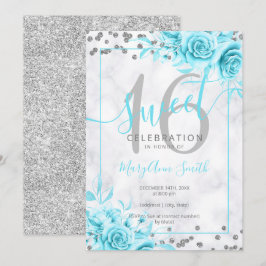 Silver Blauwgroen Floral Sweet 16 Marble Glitter Kaart
