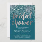 Silver & Blauwgroen Glitter Bruids Douche Uitnodig Kaart (Voorkant)