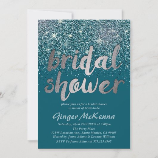 Silver & Blauwgroen Glitter Bruids Douche Uitnodig Kaart (Voorkant)