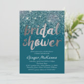 Silver & Blauwgroen Glitter Bruids Douche Uitnodig Kaart (Staand voorkant)