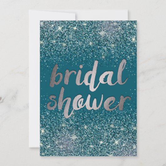 Silver & Blauwgroen Glitter Bruids Douche Uitnodig Kaart (Achterkant)