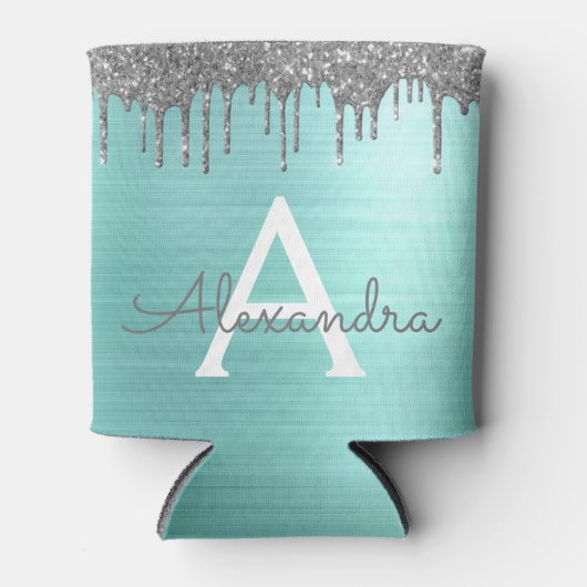 Silver Blauwgroen Glitter geborsteld Metaal Monogr Blikjeskoeler (Voorkant)