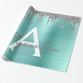 Silver Blauwgroen Glitter geborsteld Metaal Monogr Cadeaupapier (Uitgerold)