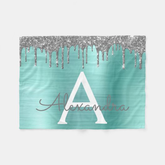 Silver Blauwgroen Glitter geborsteld Metaal Monogr Fleece Deken (Voorkant (Horizontaal))