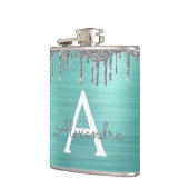 Silver Blauwgroen Glitter geborsteld Metaal Monogr Heupfles (Links)