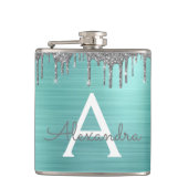 Silver Blauwgroen Glitter geborsteld Metaal Monogr Heupfles (Voorkant)