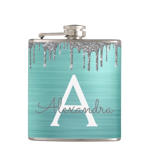 Silver Blauwgroen Glitter geborsteld Metaal Monogr Heupfles (Voorkant)