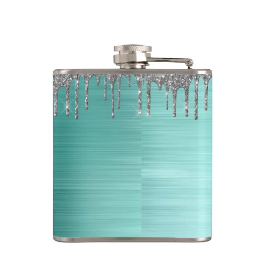 Silver Blauwgroen Glitter geborsteld Metaal Monogr Heupfles (Achterkant)