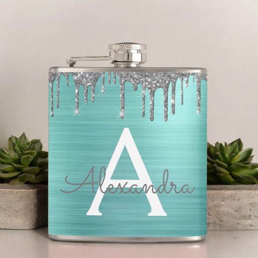 Silver Blauwgroen Glitter geborsteld Metaal Monogr Heupfles