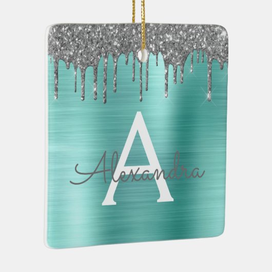 Silver Blauwgroen Glitter geborsteld Metaal Monogr Keramisch Ornament (Rechts)
