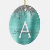 Silver Blauwgroen Glitter geborsteld Metaal Monogr Keramisch Ornament (Rechts)