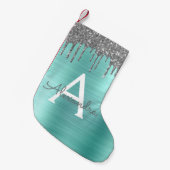Silver Blauwgroen Glitter geborsteld Metaal Monogr Kleine Kerstsok (Voorkant (Hangend))