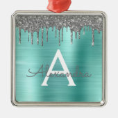 Silver Blauwgroen Glitter geborsteld Metaal Monogr Metalen Ornament (Voorkant)