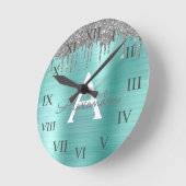 Silver Blauwgroen Glitter geborsteld Metaal Monogr Ronde Klok (Hoek)