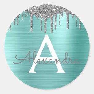 Silver Blauwgroen Glitter geborsteld Metaal Monogr Ronde Sticker