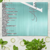 Silver Blauwgroen Glitter geborsteld Metaal Monogr Theedoek (Gevouwen)