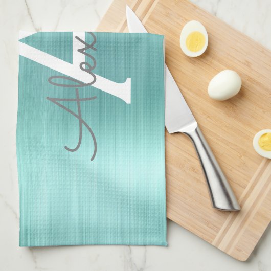 Silver Blauwgroen Glitter geborsteld Metaal Monogr Theedoek (Quarter Fold)