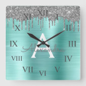 Silver Blauwgroen Glitter geborsteld Metaal Monogr Vierkante Klok (Voorkant)