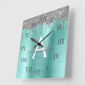 Silver Blauwgroen Glitter geborsteld Metaal Monogr Vierkante Klok (Hoek)