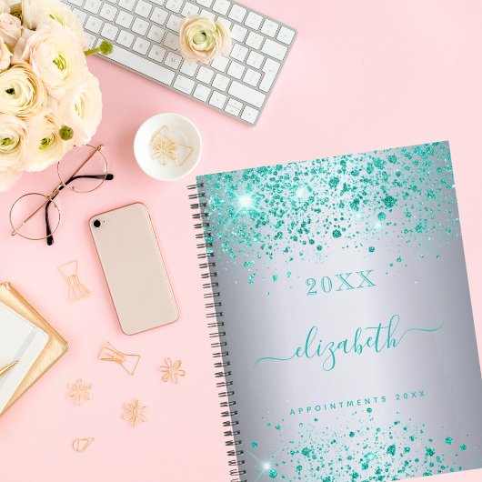 Silver blauwgroen glitter naammanuscript 2023 planner