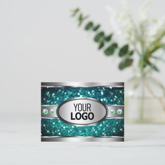Silver Blauwgroen Glitter Sparkle Rhinestones voeg Visitekaartje (Staand voorkant)