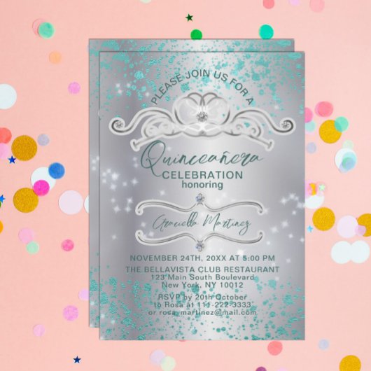 Silver Blauwgroen Jeweled Tiara Quinceañera Uitnod Kaart