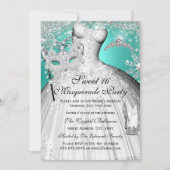 Silver Blauwgroen prinses Masquerade Sweet 16 Invi Kaart (Voorkant)